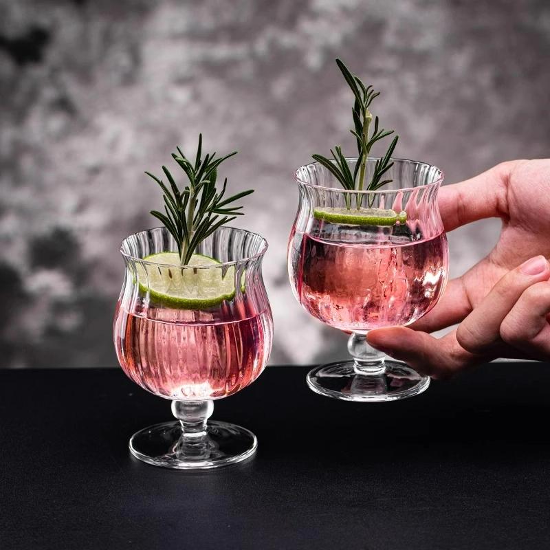 Creative Cocktail Glasses Cup Striped Brandy Glass Cups Mulled Wine Glass Cups Tall Fruit Wine Glasses Cup Bar Accessories