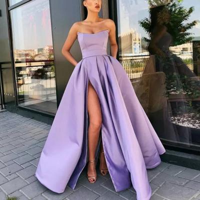 Abendkleid für Damen, Bandeau, schulterfrei, rückenfrei, ärmellos, hoher Schlitz, A-Linie, großer Schwung, plissierter Rücken, Reißverschluss, Leistung, Hochzeit, Maxi