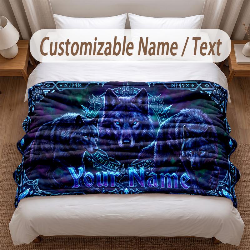 Wolf Theme Soft Blanket Personalized Custom Name Text Print Warm Blanket Home Sofa Bedroom Decor