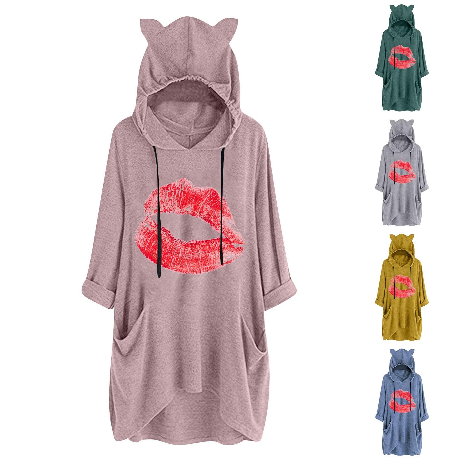 

Женская милая толстовка с кошачьими ушками на День святого Валентина, свободная толстовка с длинными рукавами