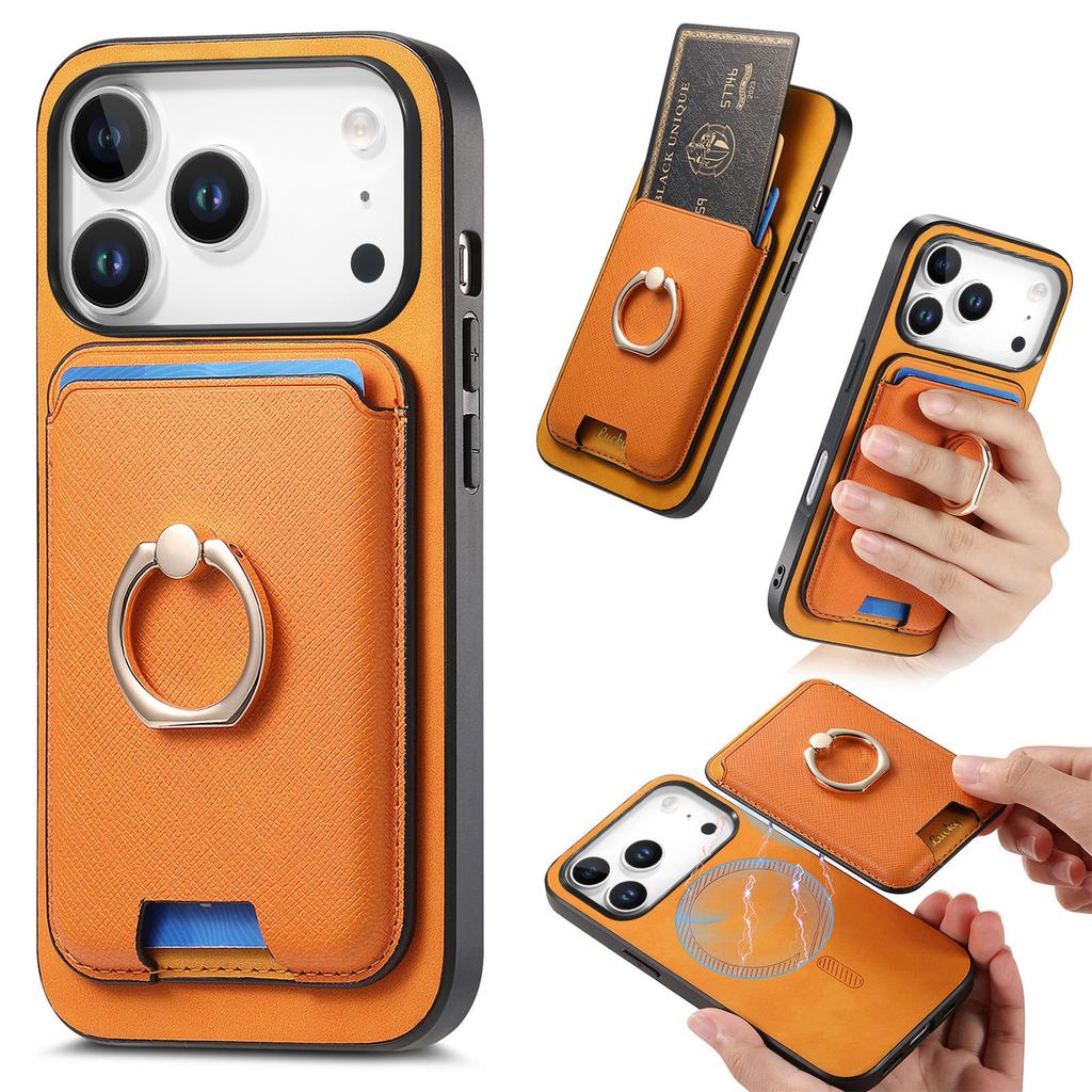 For iPhone 17 Pro Magnetic Case Detachable Card Bag Leather Back Cover with Kickstand