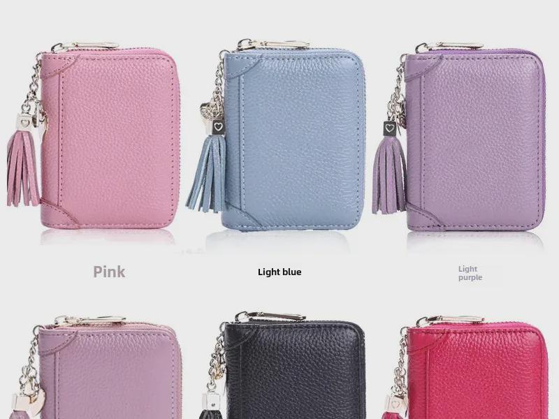 Women's RFID-Blocking Cowhide Card Holder with Zipper and Anti-Demagnetization for Credit Cards and Driver's License