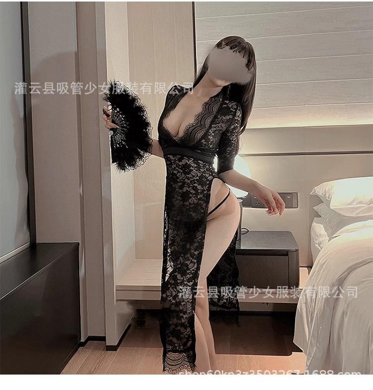 Sex Underwear Medium Sleeve Thin Lace Deep V Sexy Split Fork Empty Lace Perspective