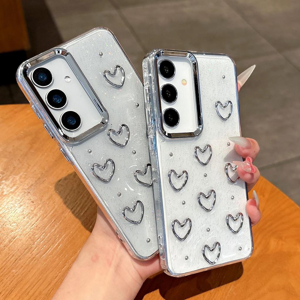 Clear Glitter 3D Silver Love Heart Case For Samsung Galaxy S25 S24 S23 Ultra Plus FE A56 A36 A26 A16 A55 A35 Epoxy Bumper Cover