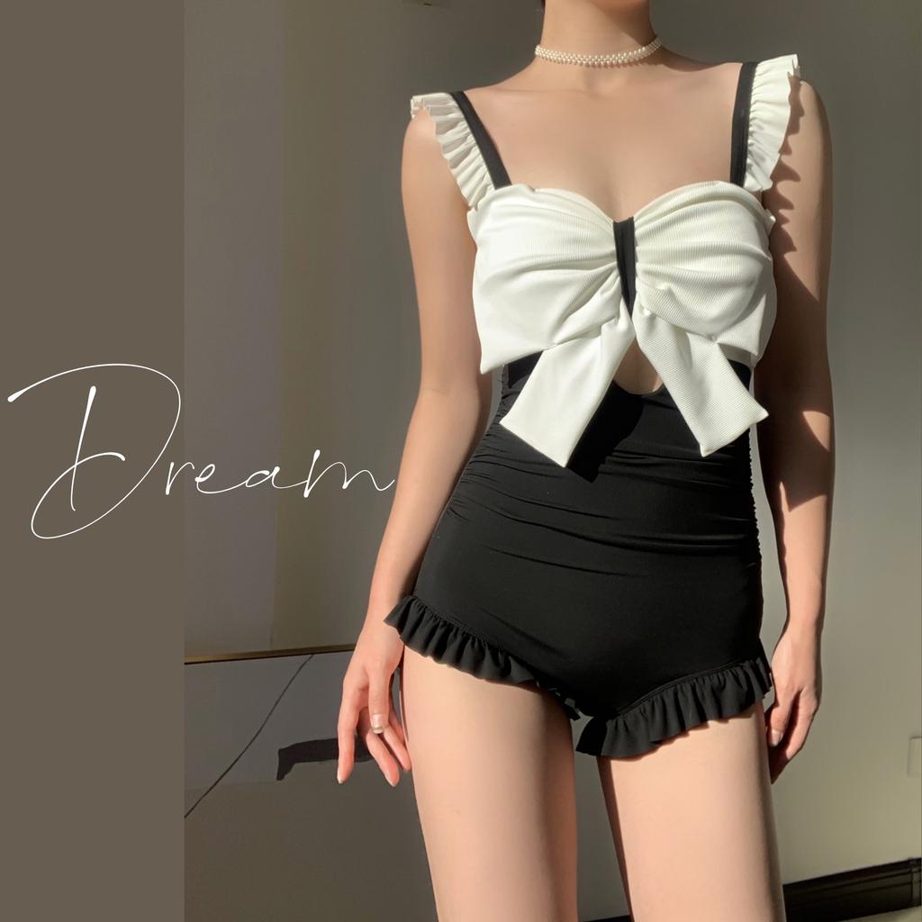 Bow Swimming Suit Women's Spa One-piece Swimwear South Korea Ins Obscure Belly Showing Thin Halter Sexy Beachwear