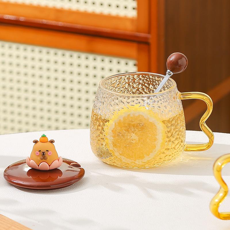 Capibara glass cup high temperature resistant mug with lid spoon summer cup girls home breakfast