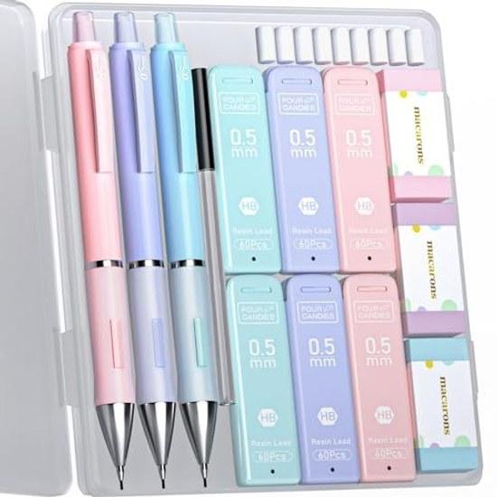 Four Candies Pastel Sharp Pencil Set Cute Colors 0.5mm 3 Pieces Mechanical 360 HB Replacement Leads Eraser Included Drawing Writing Easy Use Middle