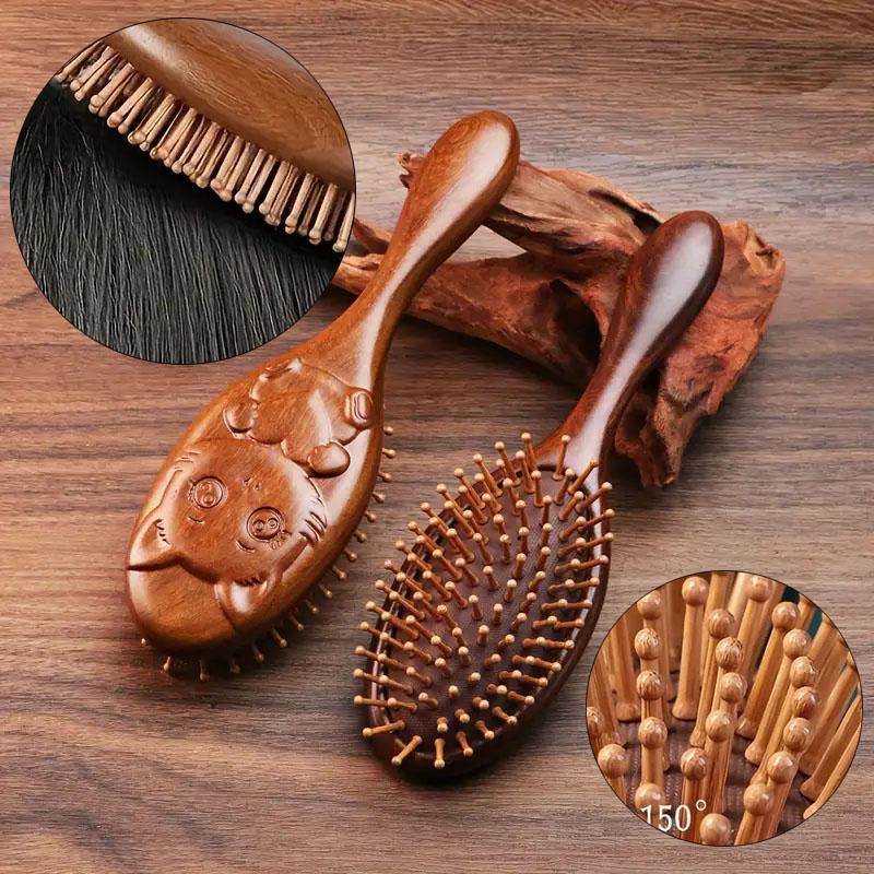 BEPAN Hand-Carved Sandalwood Air Cushion Comb with Bamboo Bristles Cat-Shaped Wooden Hair Styling Comb Oval Scalp Massage Brush Comb