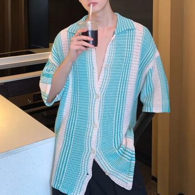 Men Shirt Knitted Color Matching Elastic Japanese Short Style Single-breasted Lapel Sleeves Retro Antu-shrink Casual Vacation Beach Top