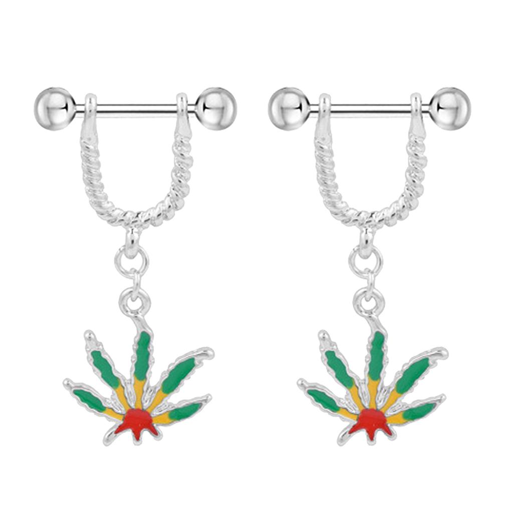 1 Pair Maple Leaf Dangle Straight Barbell Nipple Ring Red Yellow