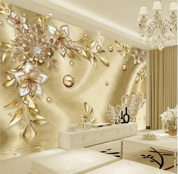 Wallpaper 3D Stereo Golden Flower Wallpaper Jewelry European Style Luxury Murals Living Room TV Hotel Backdrop Wall Paintings