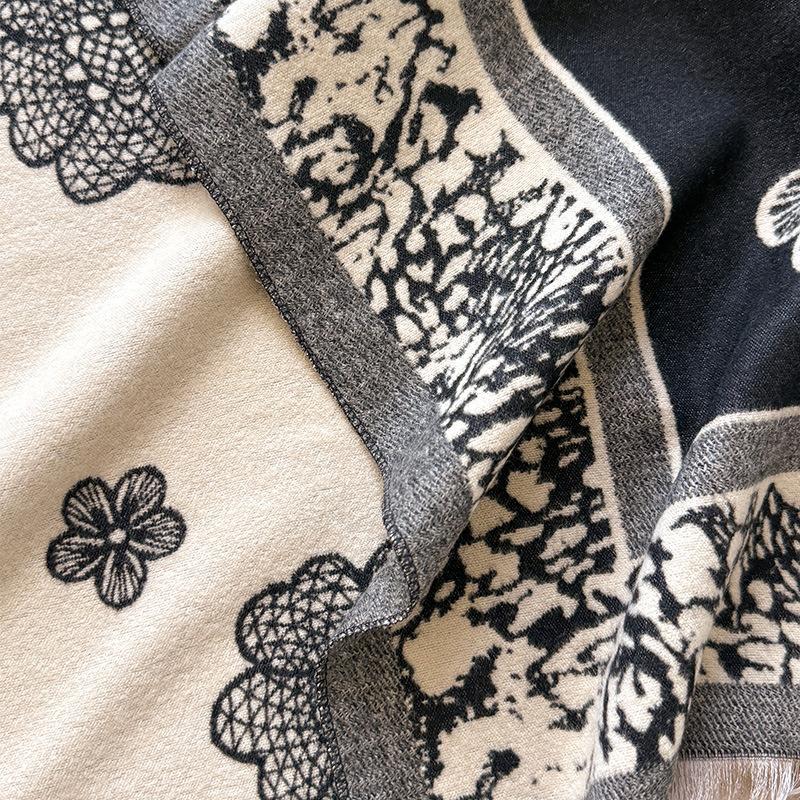 imitation cashmere mesh flower plaid retro texture printing double-sided warm scarf shawl outside