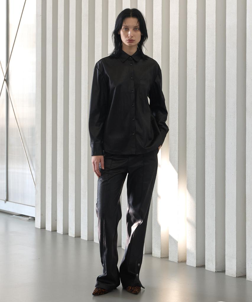 320SHOWROOM Faux Leather Side Slit Button Elastic Fleece-Lined Bootcut Pants Black