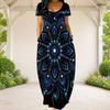 Women Plus Size Round Neck Short Sleeve Blue Printed Loose Long Dress With Side Pockets