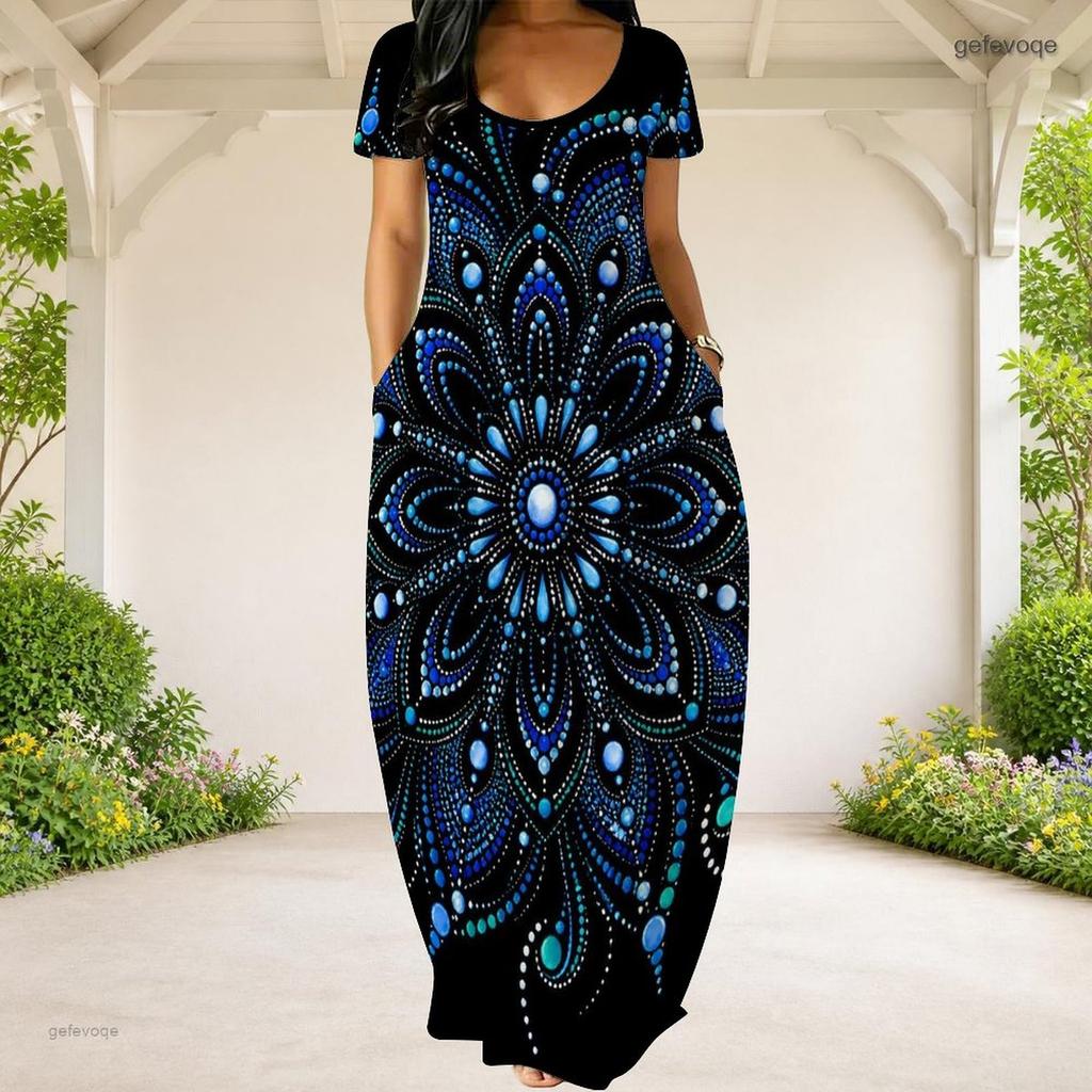 Women Plus Size Round Neck Short Sleeve Blue Printed Loose Long Dress With Side Pockets