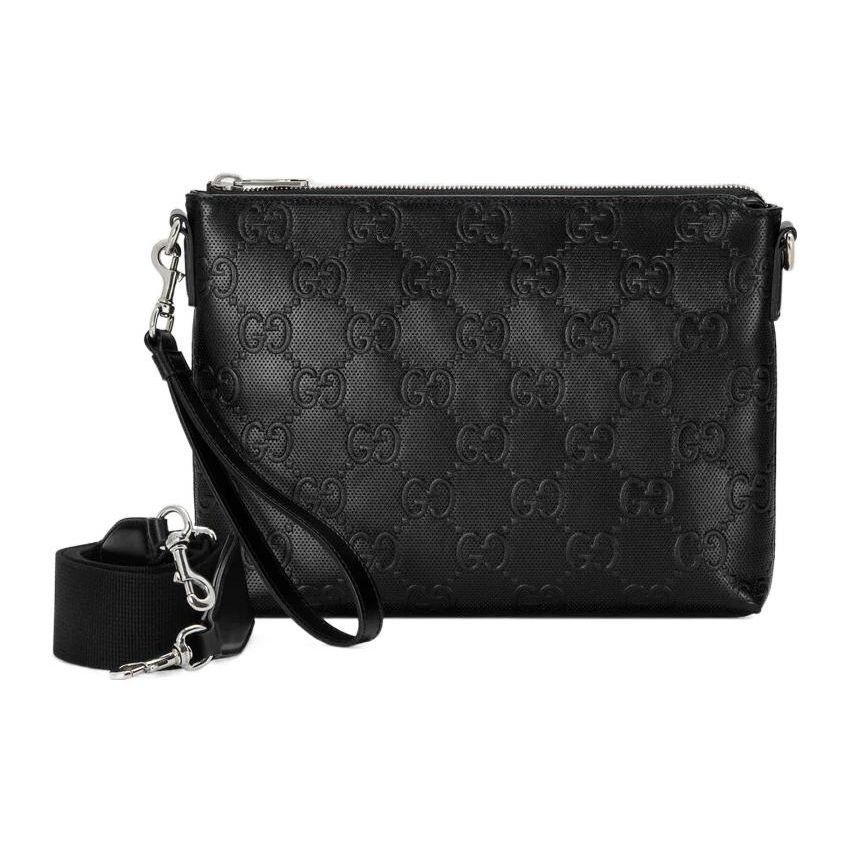Gucci GG Embossed Leather Zip Pouch Wristlet Clutch In Black For Unisex Daily Use