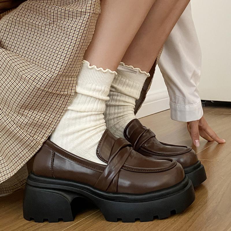 Fashion Retro Chunky Heel Penny Loafers for Women Brown Pu Leather Platform Pumps Woman Thick Sole Slip On College Style Jk Dress Shoes