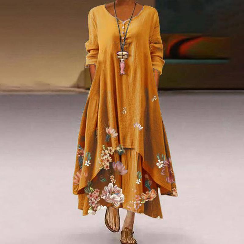 Women's Fashion Floral Print Long Sleeve Dress Ladies Round Neck Double Layer Maxi Dresses Casual Loose Dress Plus Size XS-5XL