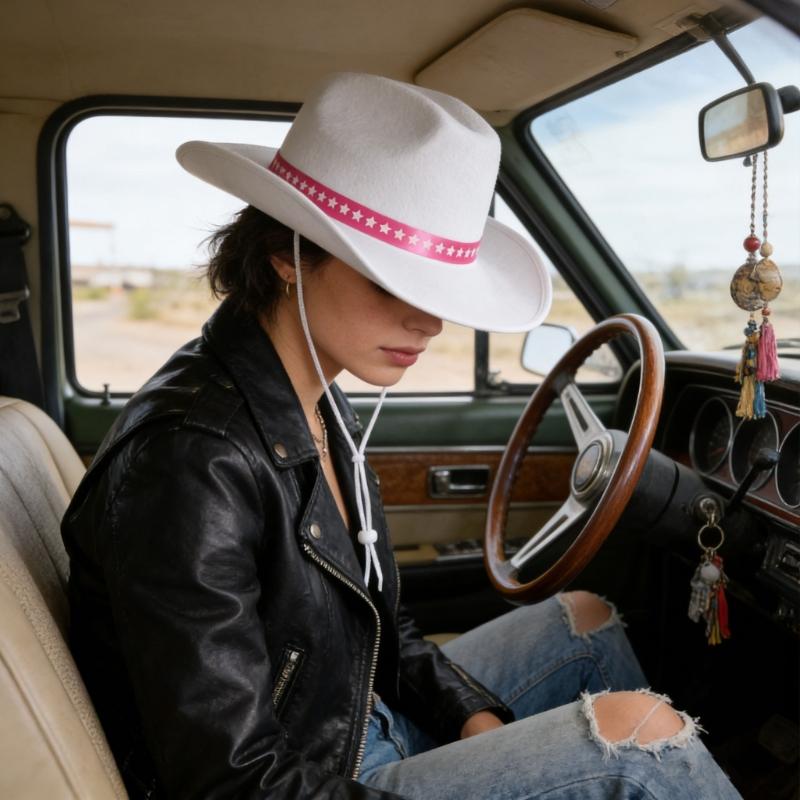 Fashionable Adult White Western Top Hat Adjustable Strap Wide Brims Hat For Daily Wear and Theme Event Gathering