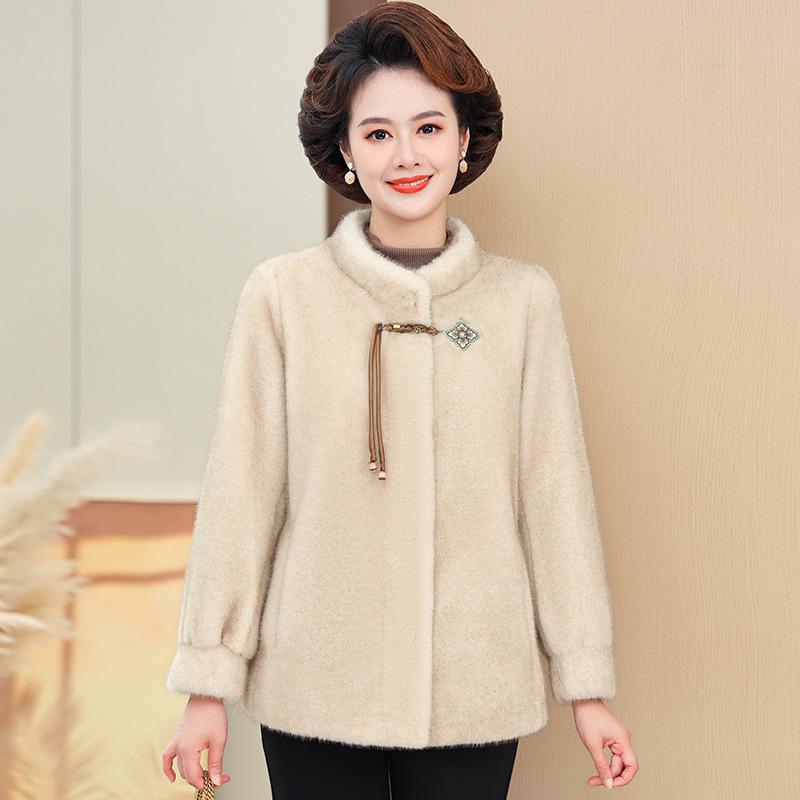 Faux Mink Fur-Lined Coat for Middle-Aged & Elderly Women - New Chinese Style, Short, Stylish Winter Wear