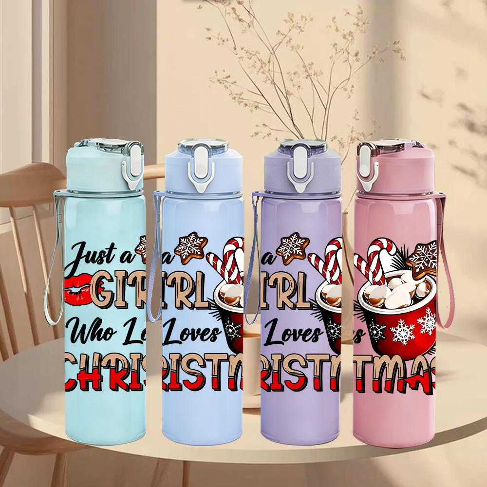 1PC Girl Loves Christmas Mug 750ml Color Plastic Sports Water Bottle Leakproof Flip Straw Lid Suitable for Sports Office Home Use
