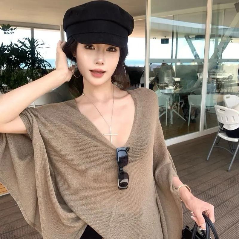 

Women V Neck Batwing Sleeve Asymmetric Hem Knit Sheer Top OneSize хаки