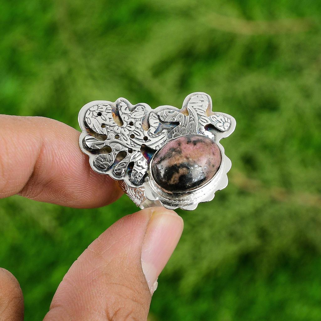 Womens Day Deal Natural Rhodonite Solitaire Unique Ring Jewelry Sterling Silver