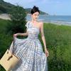 Retro Off-shoulder Suspender Dress for Women In Summer Sexy Backless Seaside Vacation Long Skirt