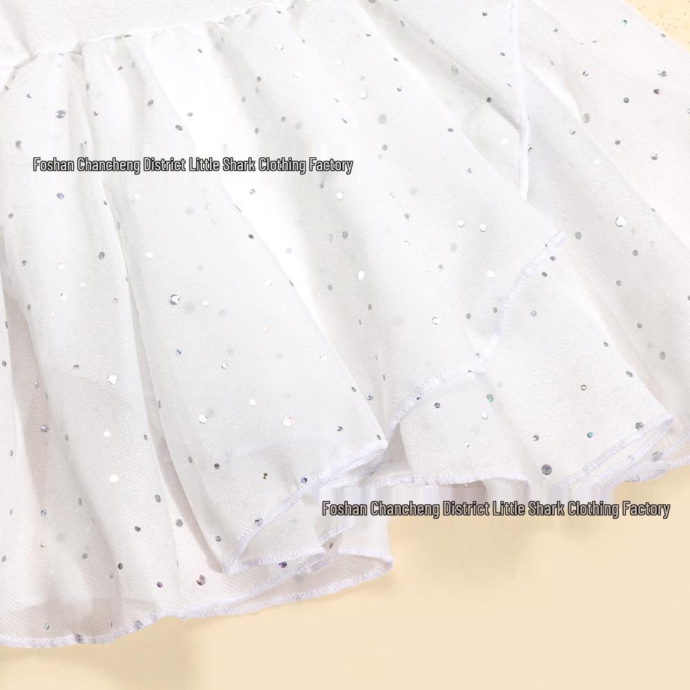 Girls' Shiny Ballet Skirt Dress with Cross Back and Mesh Sleeves