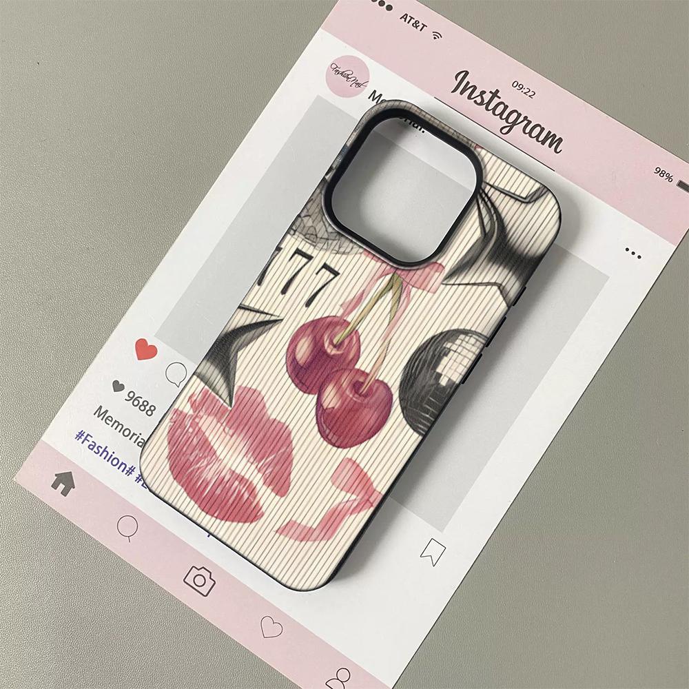 

INS Cherry Lip Print Pattern Silicone Phone Case For iPhone 17 17 Air 13 16 15 14 12 11 Pro Max Plus Lychee Grain Soft Cover iPhone 14 Pro Max