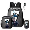 Ronaldo 3 Pcs Set School Bags Backpack with USB Interface CR Football Star Shoulder Bag Football Sports Pencil Bag Kids Rucksack