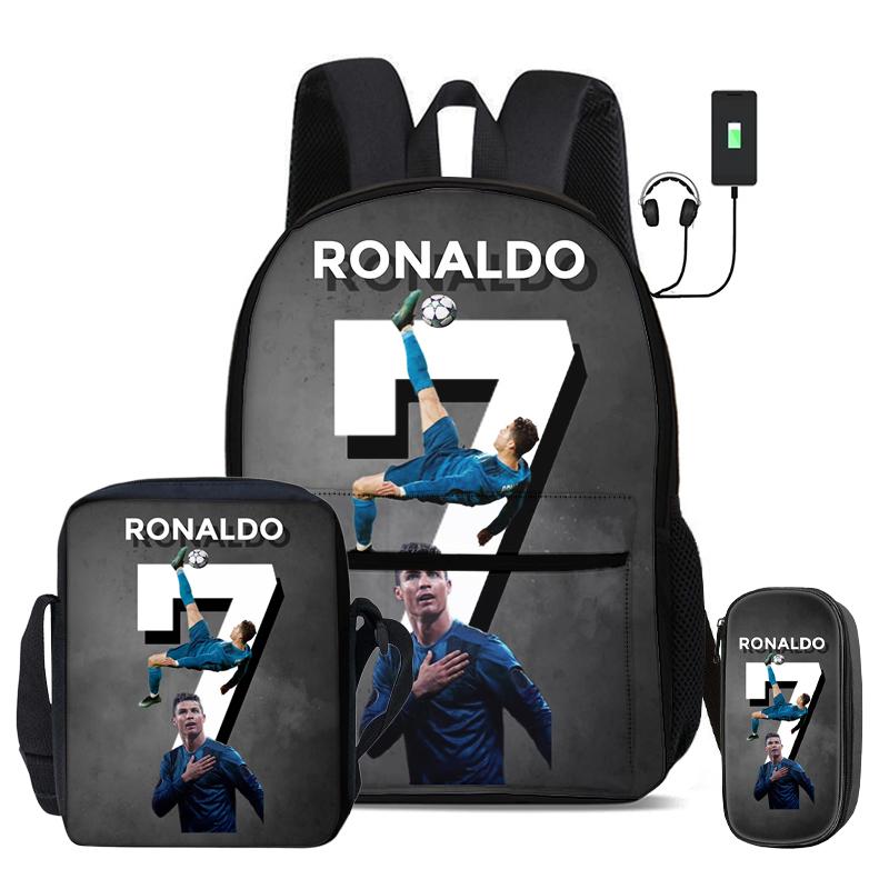 Ronaldo 3 Pcs Set School Bags Backpack with USB Interface CR Football Star Shoulder Bag Football Sports Pencil Bag Kids Rucksack