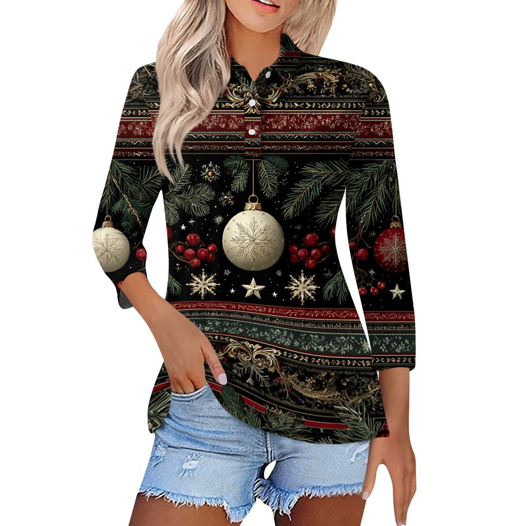 Women's Fashion Casual Button 3/4 Sleeve Vintage  Print Lapel Top