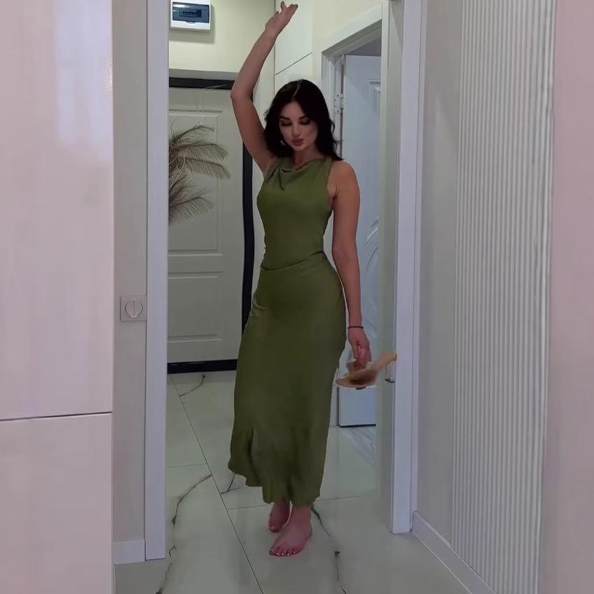 2025 Summer Fashion: High-Waisted Slim Satin Zipper Dress for Women L зелёный