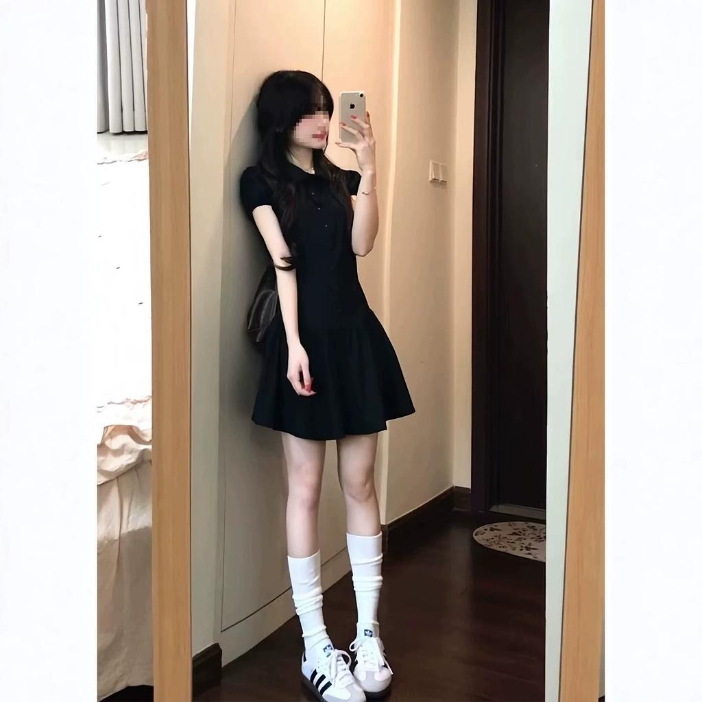 Retro Doll Collar Black Vertical Striped Dress Women's Summer New Short-sleeved Slim-fitting Student Slim Short Skirt Burst