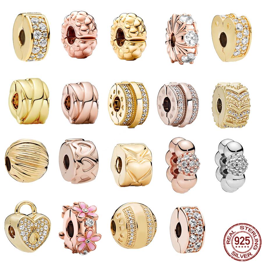 

S925 Sterling Silver Rose Gold & Gold Plated Long Pronged Sparkling Clip Charm Bead Fit Original Bracelet Women Jewelry