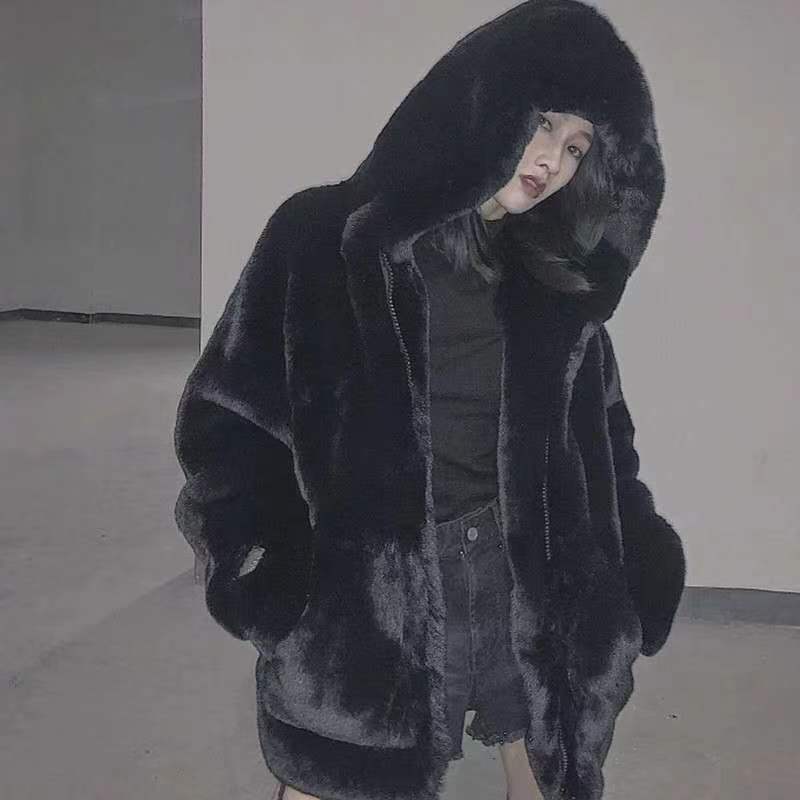 Koreanische verdickte Nerz samt Mantel Frauen Winter Kleidung Jacke Version lose Nachahmung Kaninchen Pelz Plüsch mit Kapuze