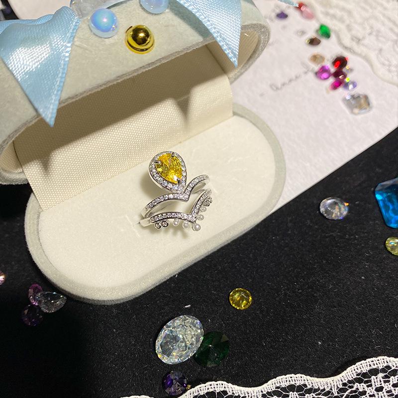 Clear Sky S925 Silver V-Crown Yellow Zircon Drop Ring: Luxury Stackable Double Layer Women's Ring