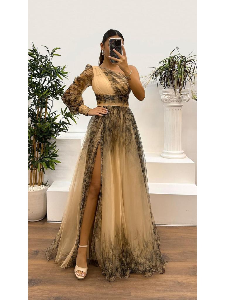 European & American One-Shoulder Mesh Print Dress: Spring/Autumn Casual Loose Party Style