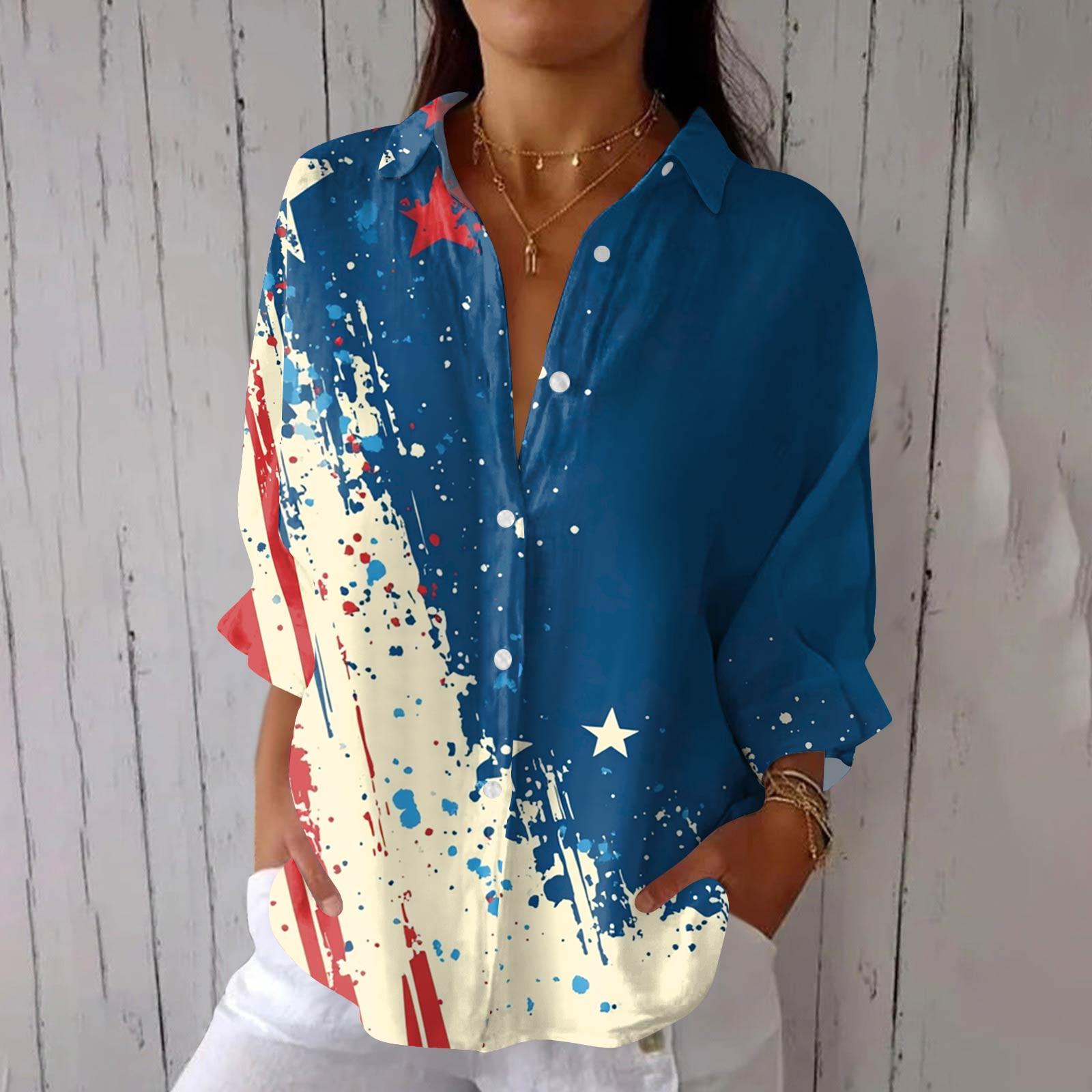 

Women s Fashion Seven Sleeve Casual Lapel Back Tie Shirt Independence Day Printed T-Shirt Top XXL синий