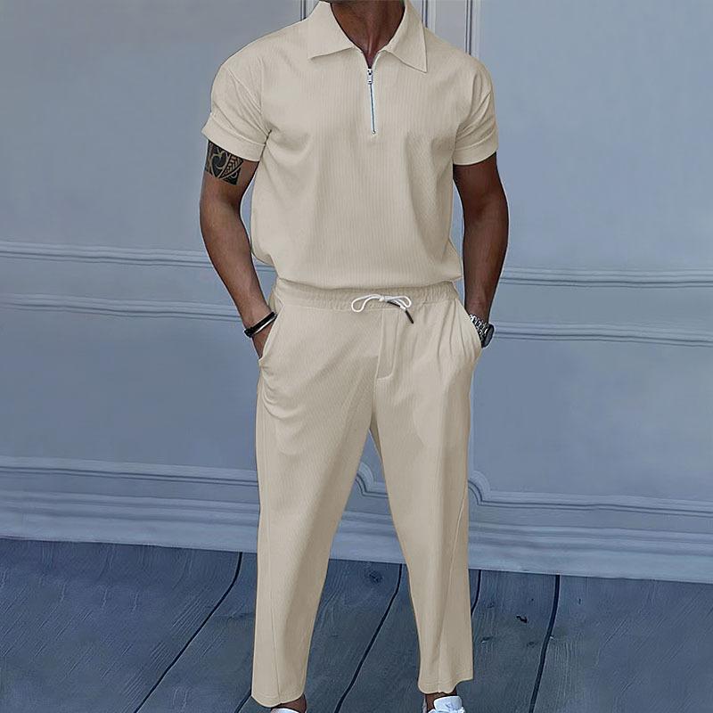 Completo estivo da uomo tinta unita con risvolto, manica corta, cerniera, pantaloni