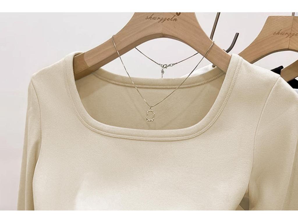 Women's U-Neck White Long Sleeve Fleece Lined T-Shirt, Slim Fit - 2024 Spring/Autumn/Winter Collection