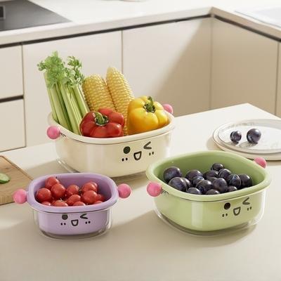 Drain Basket Large Capacity with Cover Dust-proof Fruit Basket Kitchen Double Layer Drainable Vegetable Wash Basket