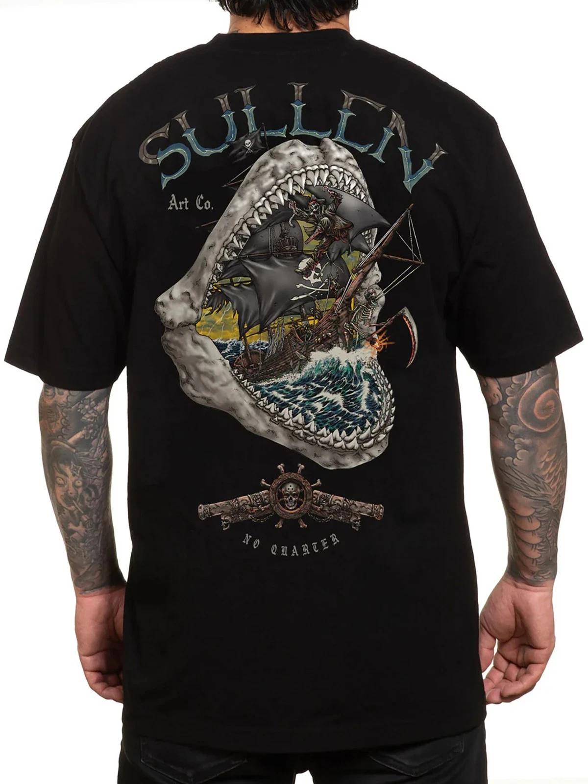 

Sullen Men s No Quarter Short Sleeve Standard T-shirt Pirate Shark Tattoo Tee 4XL