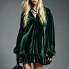 Fashionable Women's Velvet Sleeve Shirt Dress with Ruffled Hem and Collar