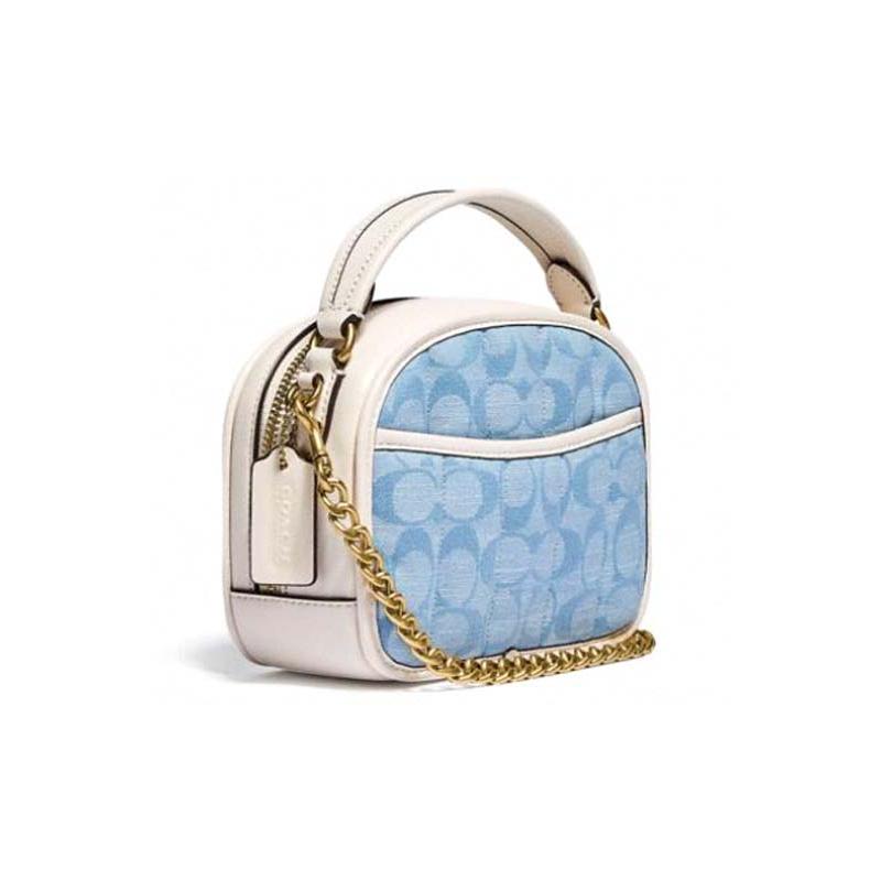 COACH Lunchbox fragrant bud all over print linen and glove tanned leather shoulder crossbody handbag small size women's blue presbyopia