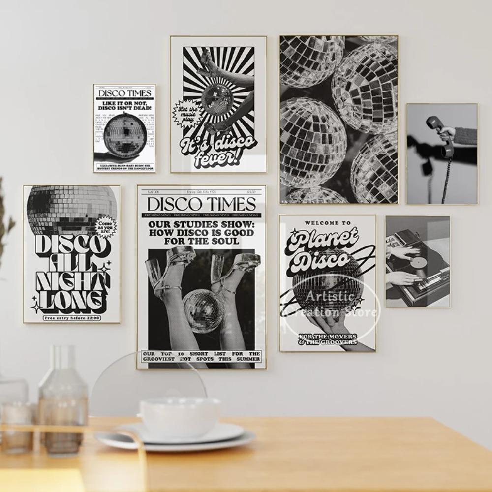 Galerie Musik Kunst Wand Heimdeko Retro Disco Poster Schwarzweiß Leinwandmalerei Party Disco Druck Wandbilder