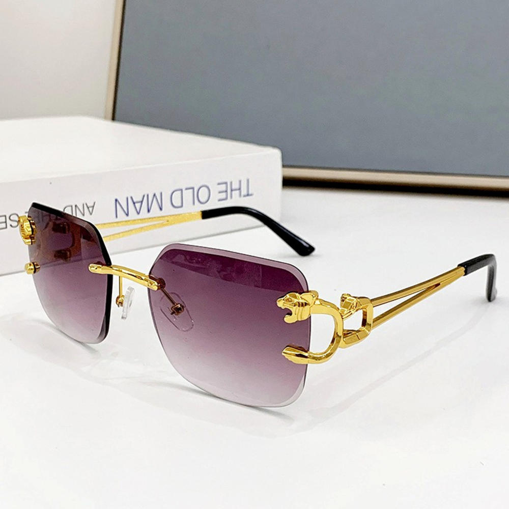 Gafas de Sol Cuadradas Vintage Sin Montura Mujer Hombre Lujo Populares Viaje Conducir Metal Cabeza de Leopardo Gafas de Sol UV400