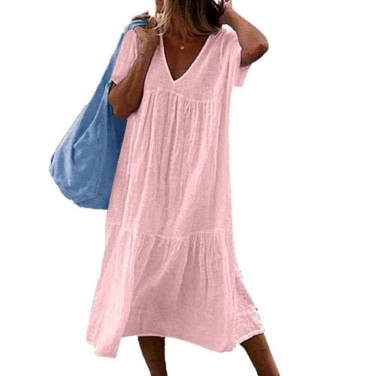 Women Casual Long Cotton V Neck Solid Color Simple Style Baggy Dress 1Pc
