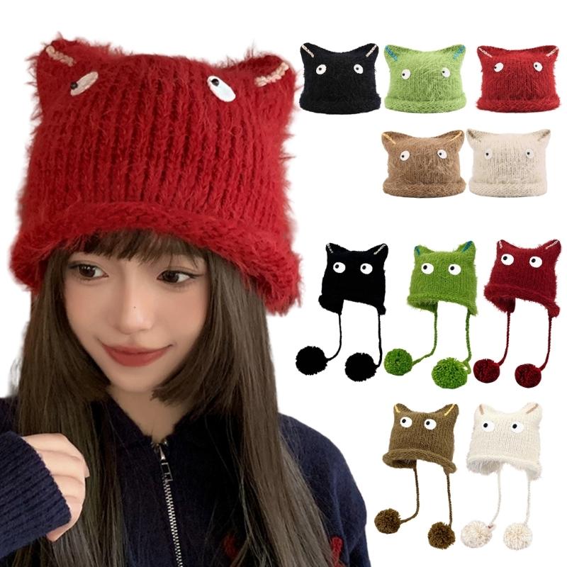 Novelty Cats Ear Skull Hat for Female Girl Outdoor Sport Hat Adult Casual Street Wear Warm Skull Hat for Cycling Skiing